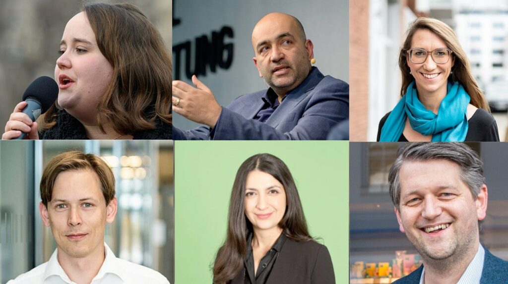 Collage aus Porträts des neuen Bundesvorstands: Ricarda Lang, Omid Nouripour, Pegah Edalatian, Heiko Knopf, Emily Büning, Marc Urbatsch