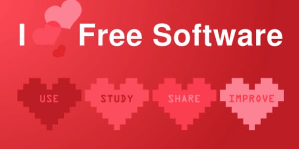 Das Bild zeigt „I love free Software“ Aufschrift und vier Herzchen mit der Aufschrift Use, Study, Share und Improve.