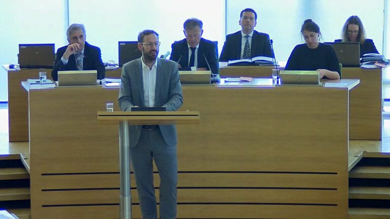 Auf dem Bild ist Daniel am Redepult im Landtag zu sehen.