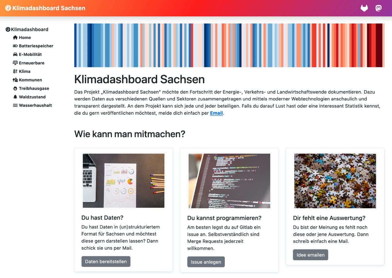 Screenshot der Startseite vom Klimadashboard Sachsen
