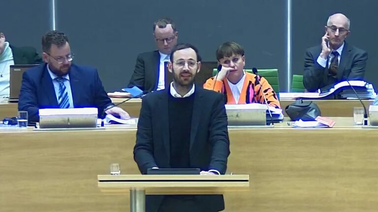 Auf dem Bild ist Daniel am Redepult im Sächsischen Landtag zu sehen.