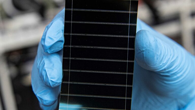 Foto einer behandschuhten Hand, die eine Solarzelle hält